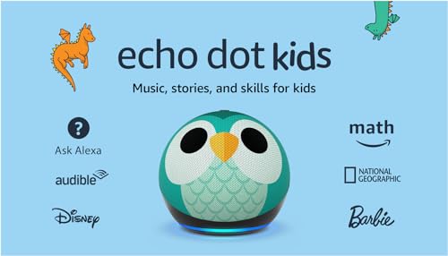 Amazon Echo Dot Kids con Alexa (modelo más reciente), diseñado para niños, con control parental, incluye 1 año de Amazon Kids+, búho