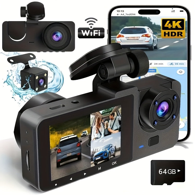 Cámara de salpicadero frontal 4K/1080P integrada de tres canales, frontal y trasera, grabadora de conducción Full HD, cámara para coche con visión nocturna por infrarrojos, grabación en bucle, incluye tarjeta SD de 64 GB