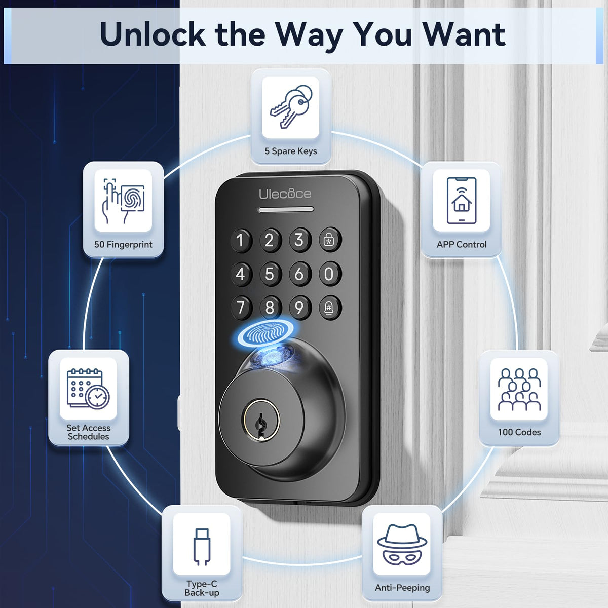 Cerradura de seguridad Ulecoce con teclado y manija, entrada sin llave, control por aplicación, cierre automático, fácil instalación, negro mate