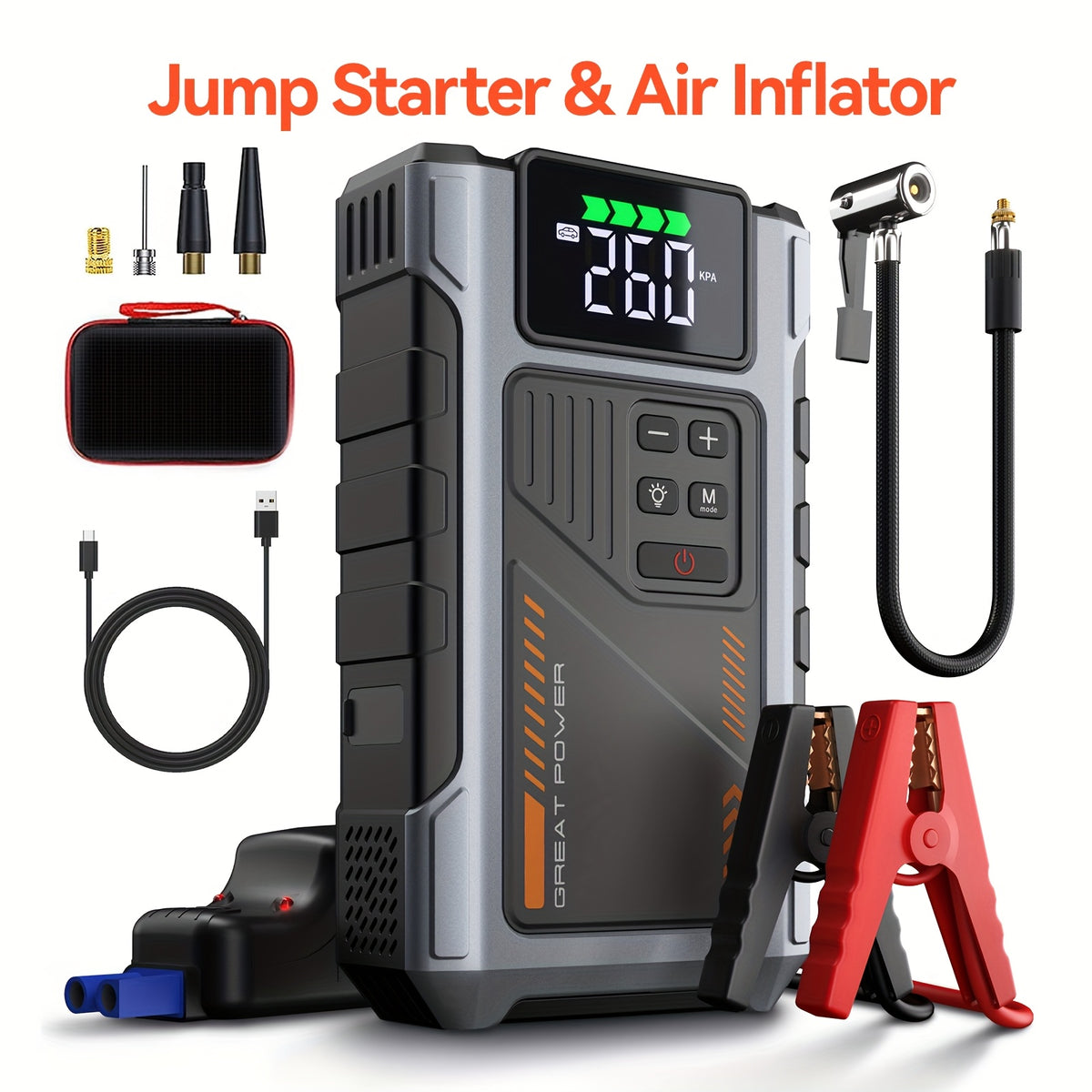 Arrancador de batería portátil inalámbrico de 4000 A con compresor de aire, cargador de batería portátil de 12 V (8,0 L de gas/1,72 galones de diésel), arranque rápido, entrada/salida USB, LED de emergencia, accesorios