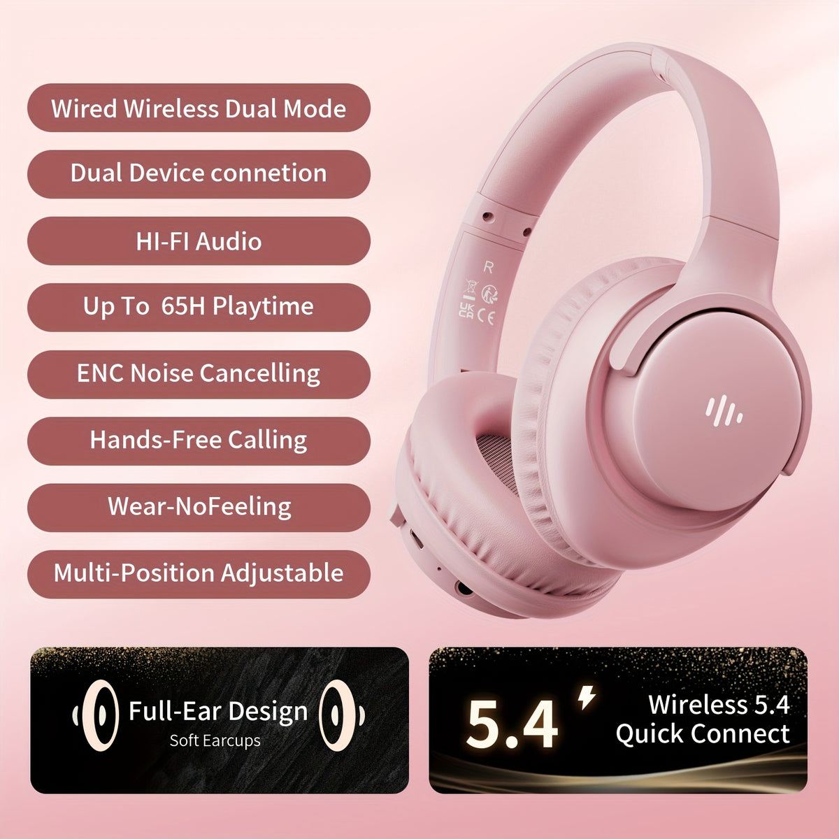 Auriculares supraaurales con micrófono, 65 horas de reproducción, ligeros, plegables y portátiles, con graves estéreo, llamadas manos libres, ideales para juegos, PC y teléfonos móviles, con cancelación de ruido ENC |