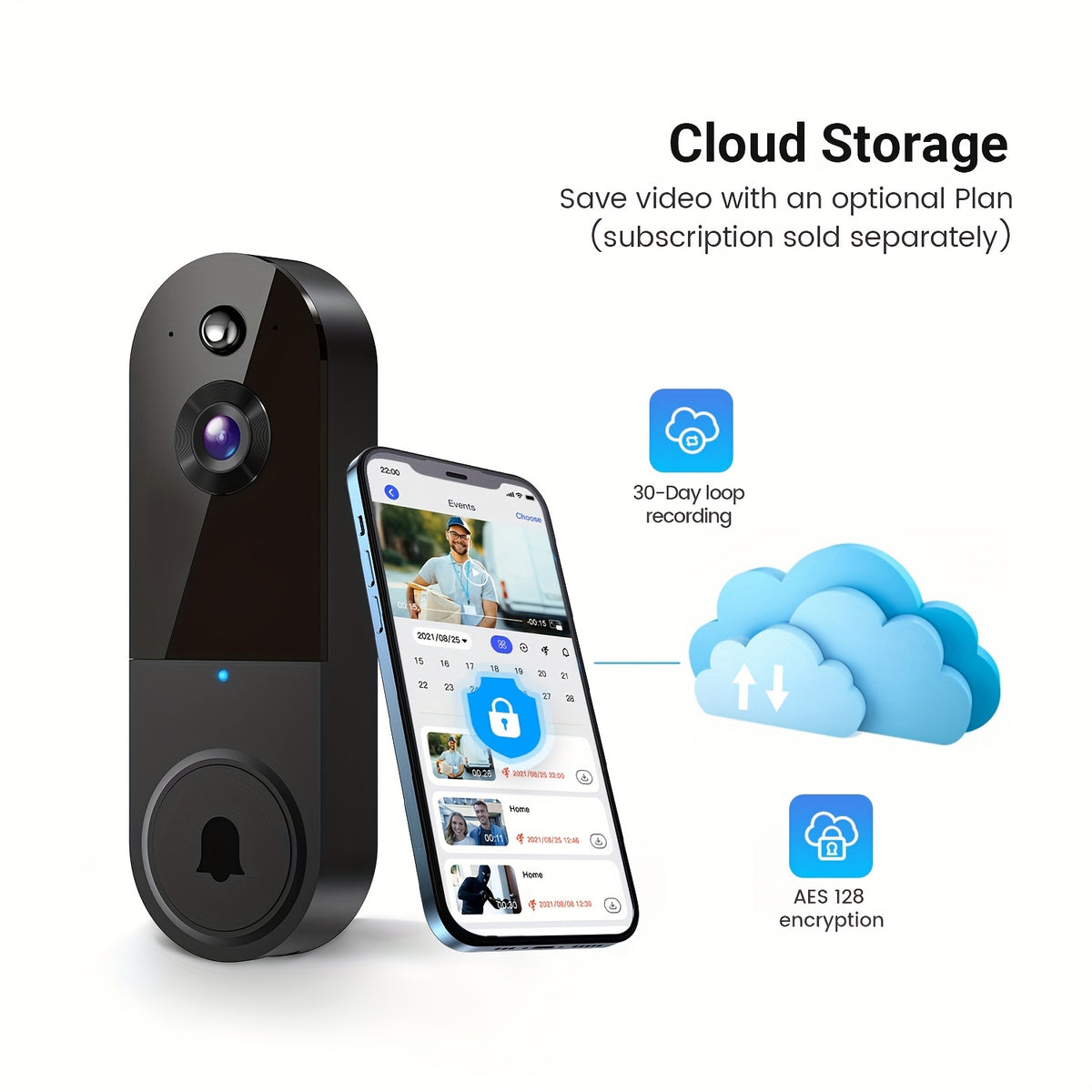 Timbre con cámara y video 1080P, detección corporal inteligente, almacenamiento en la nube, vista en tiempo real, audio bidireccional, visión nocturna por infrarrojos, batería integrada, monitoreo.