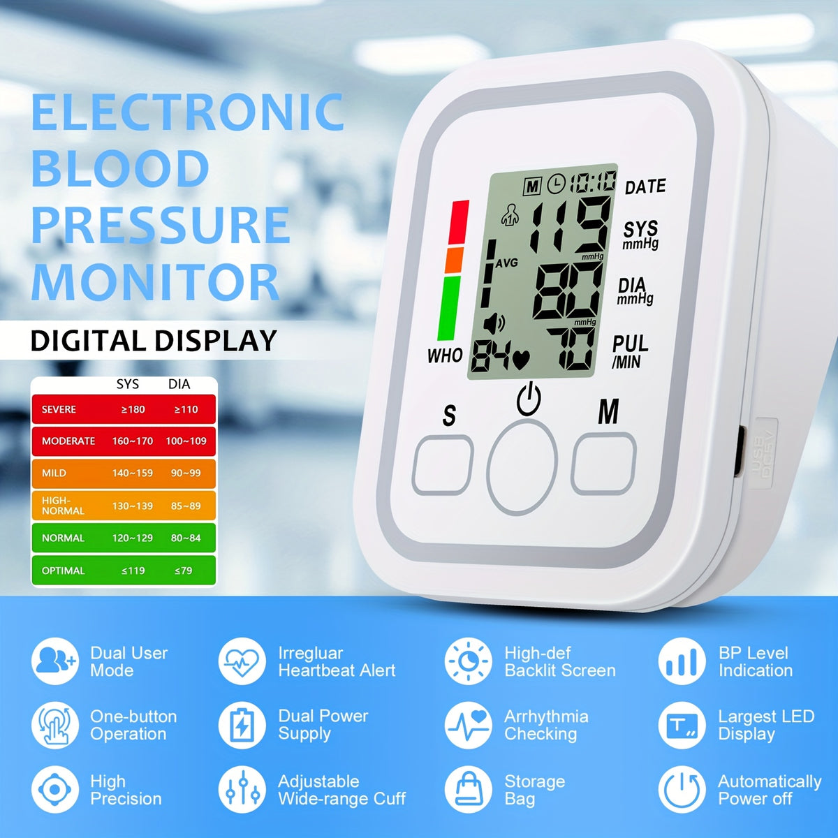 Tensiómetro portátil de brazo todo en uno | Pantalla LCD grande, control con un solo toque, informes de voz, alertas de hipertensión, memoria de 2x99, brazalete ajustable | Imprescindible para el hogar y viajes, ideal para