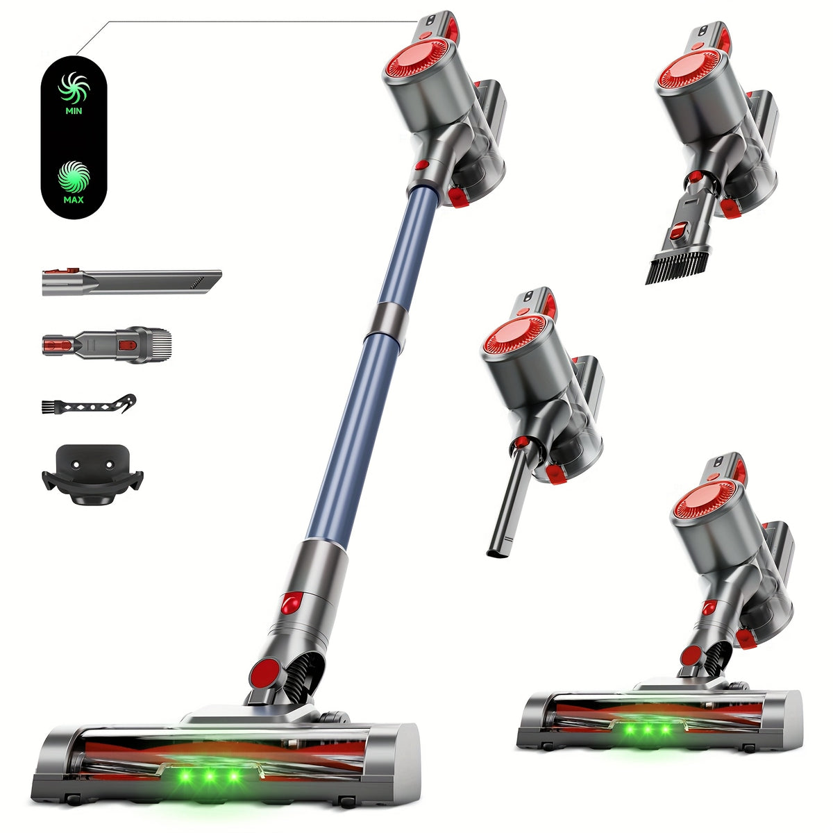 Aspiradora ligera de 35-45 kPa con LED verde mejorado, cepillo antienredos, batería extraíble, múltiples niveles de succión, hasta 45 minutos de autonomía, accesorio para coche de mujer, aspiradora para alfombras, pelo d