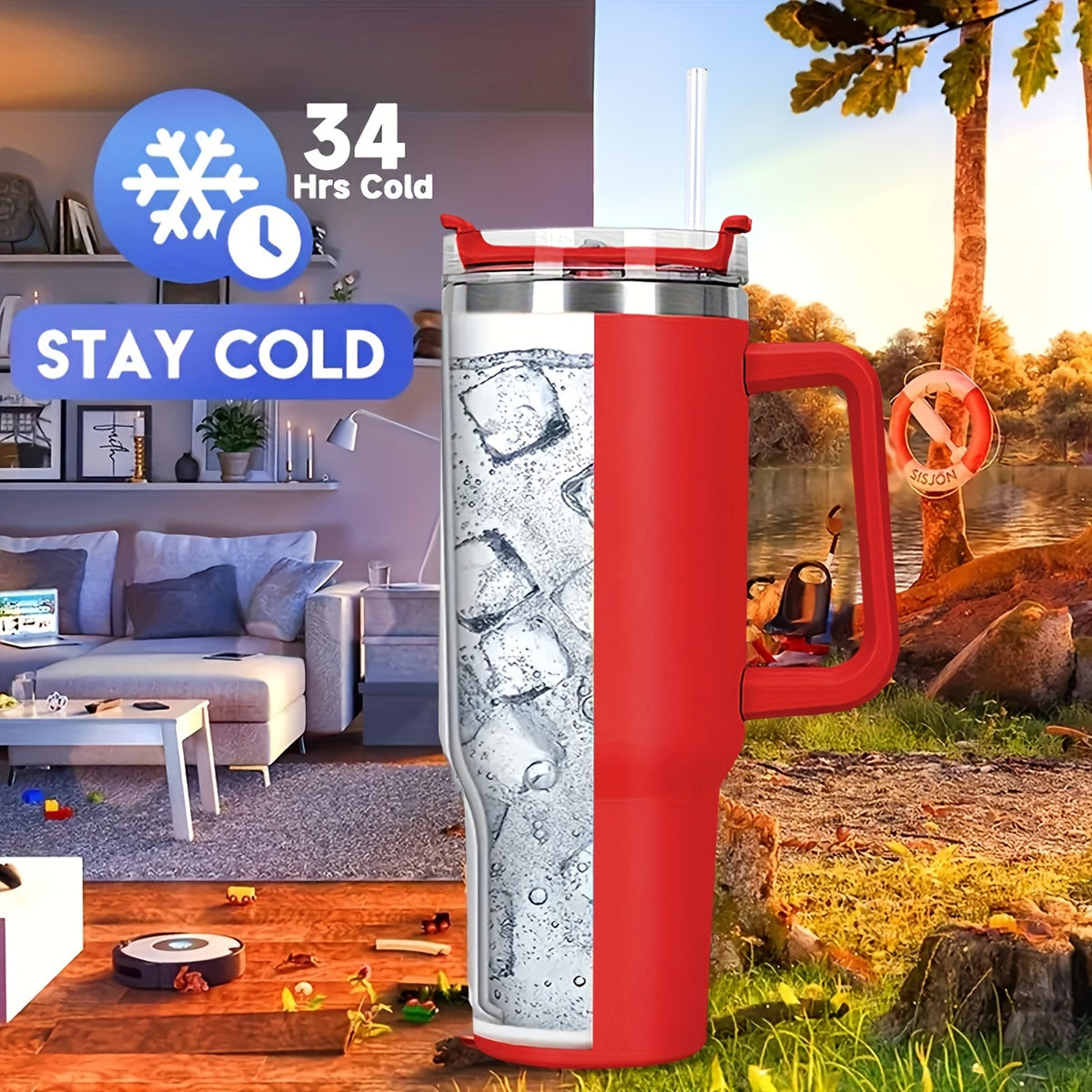 Vaso de acero inoxidable de 1,2 litros con asa y tapa con pajita, taza térmica de viaje para deportes, fitness y actividades al aire libre, reutilizable para coche, botella de agua de gran capacidad (1,2 litros), varios colo