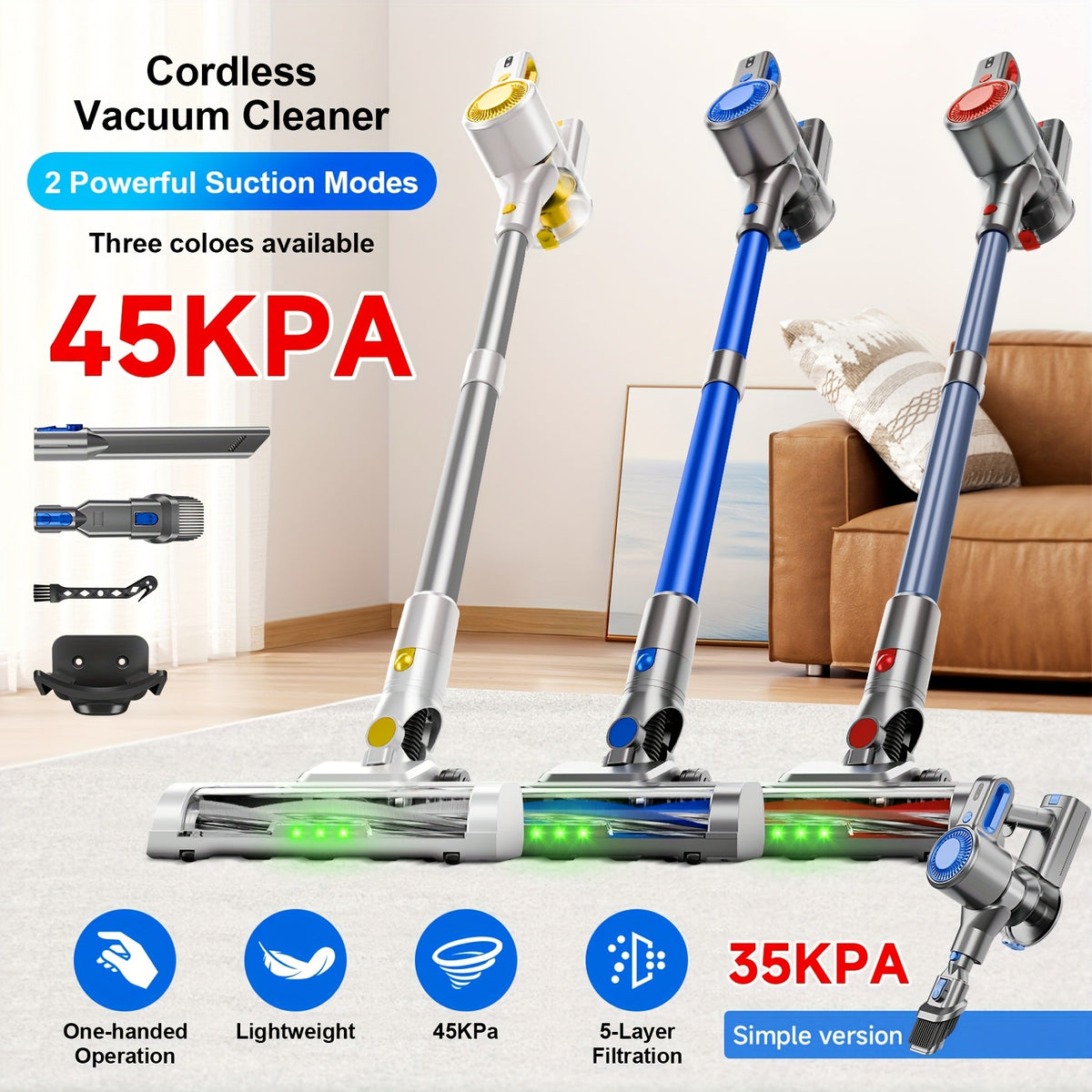 Aspiradora ligera de 35-45 kPa con LED verde mejorado, cepillo antienredos, batería extraíble, múltiples niveles de succión, hasta 45 minutos de autonomía, accesorio para coche de mujer, aspiradora para alfombras, pelo d