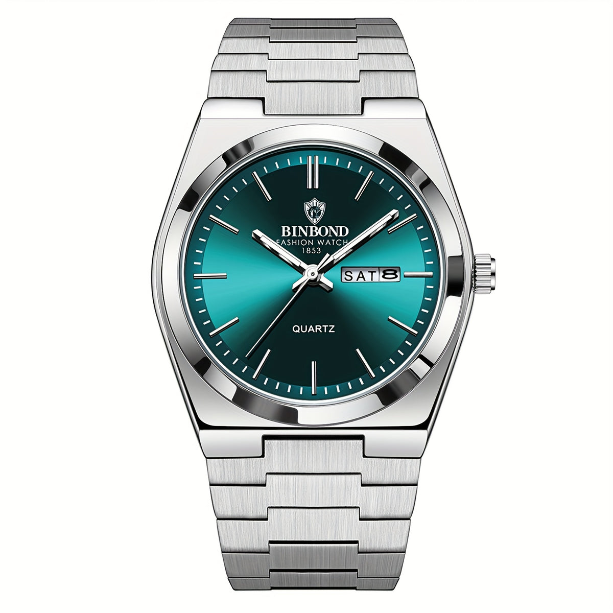 Reloj de acero inoxidable de lujo para hombre con esfera luminosa verde turquesa, indicador de semana/fecha/día/segundero, movimiento de cuarzo, correa sólida - Reloj de vestir profesional para negocios, viajes, buceo (-) -