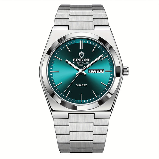 Reloj de acero inoxidable de lujo para hombre con esfera luminosa verde turquesa, indicador de semana/fecha/día/segundero, movimiento de cuarzo, correa sólida - Reloj de vestir profesional para negocios, viajes, buceo (-) -
