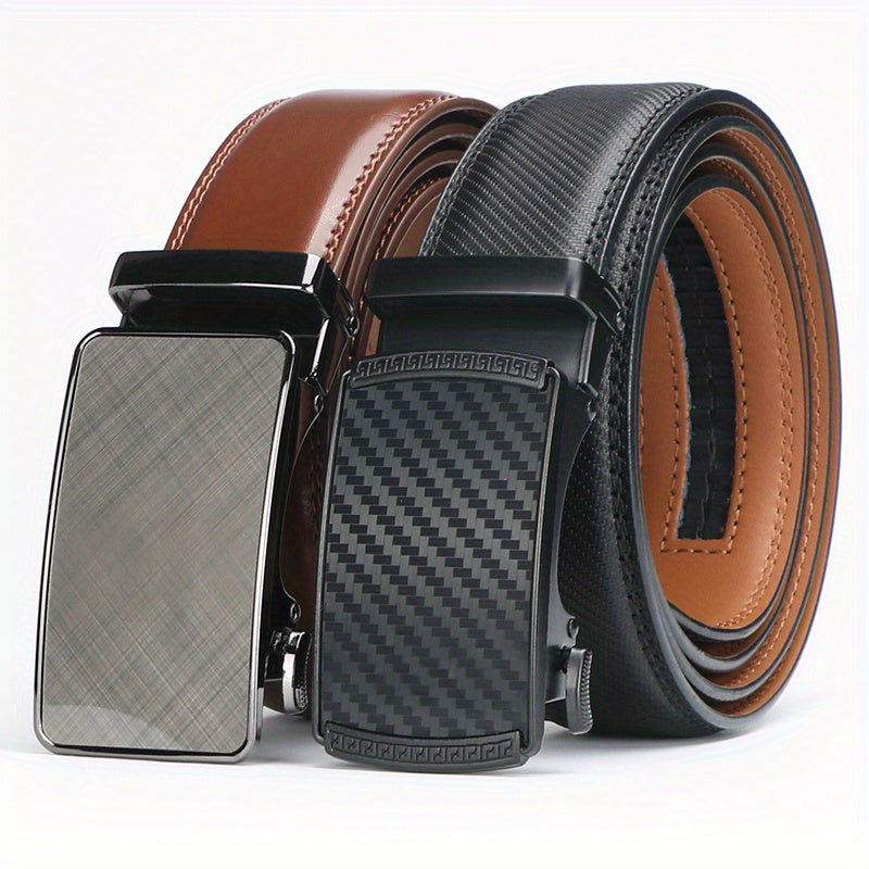 [Cinturones de trinquete de cuero genuino] 2 cinturones de trinquete de cuero genuino para hombre | Hebilla automática ajustable, aleación duradera, estilo informal y profesional, alta calidad, fácil de usar en cualquier o