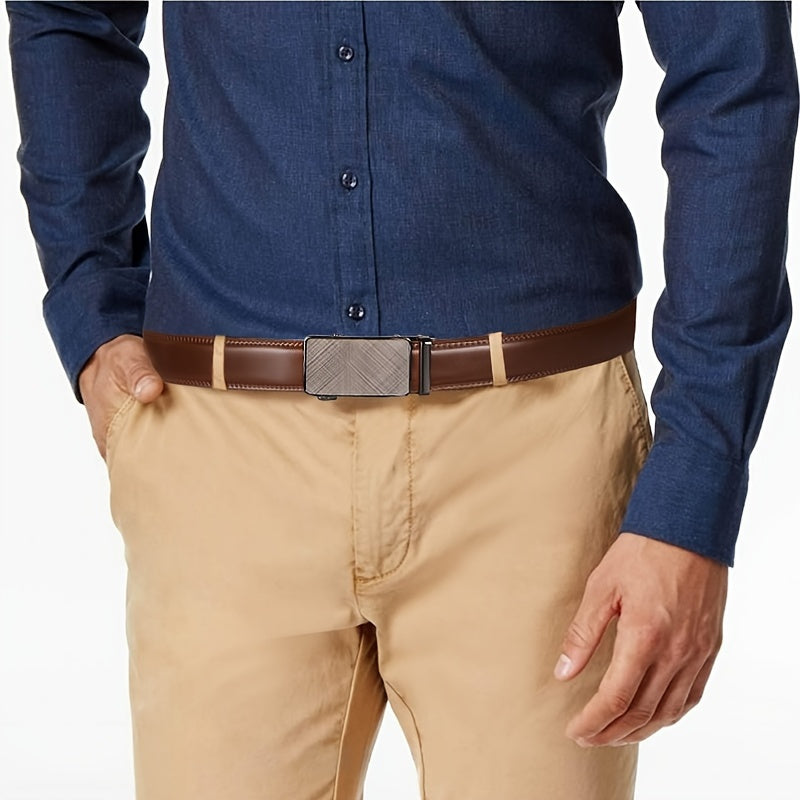 [Cinturones de trinquete de cuero genuino] 2 cinturones de trinquete de cuero genuino para hombre | Hebilla automática ajustable, aleación duradera, estilo informal y profesional, alta calidad, fácil de usar en cualquier o