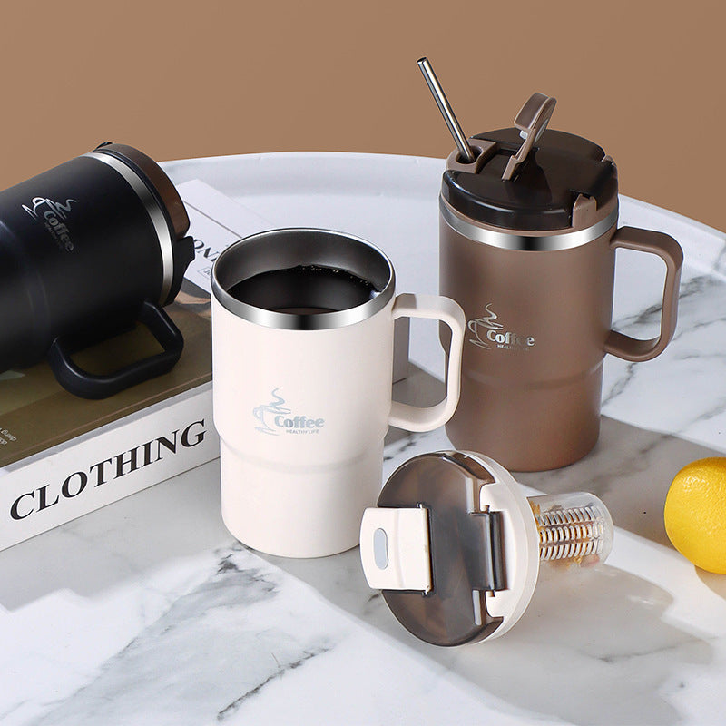 Taza grande de acero inoxidable de 550 ml/19,3 oz con tapa y cuchara, reutilizable, sin aislamiento, ideal para oficina, estudiantes, deportes, actividades al aire libre, regalo de Halloween y Navidad.
