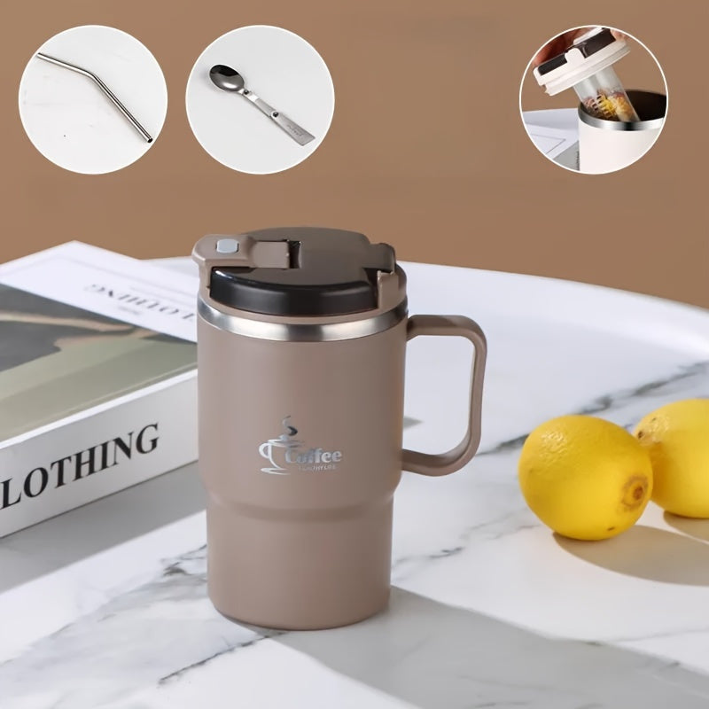 Taza grande de acero inoxidable de 550 ml/19,3 oz con tapa y cuchara, reutilizable, sin aislamiento, ideal para oficina, estudiantes, deportes, actividades al aire libre, regalo de Halloween y Navidad.
