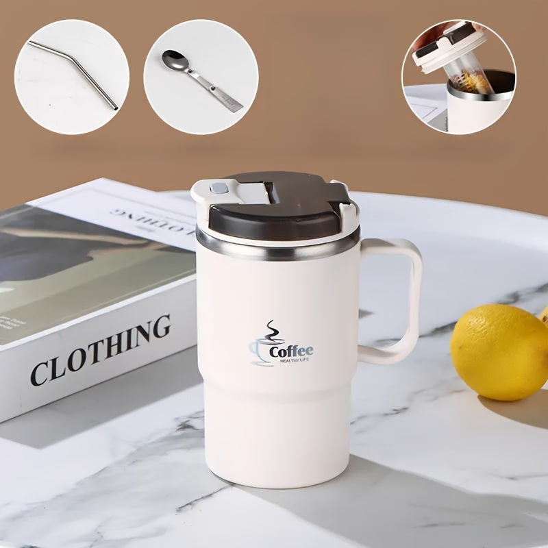 Taza grande de acero inoxidable de 550 ml/19,3 oz con tapa y cuchara, reutilizable, sin aislamiento, ideal para oficina, estudiantes, deportes, actividades al aire libre, regalo de Halloween y Navidad.