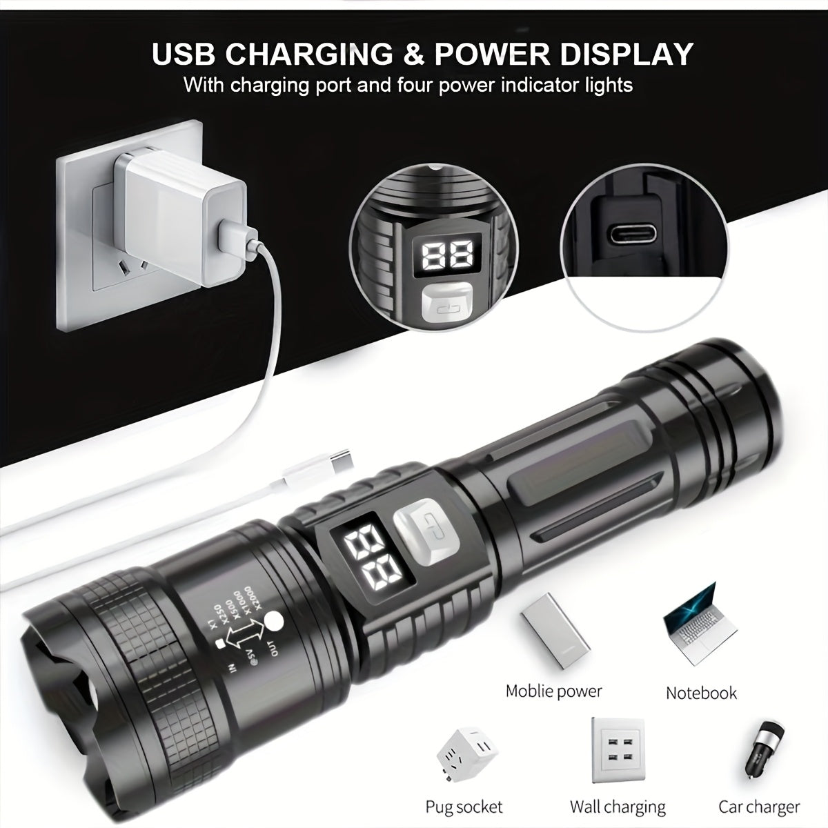 4 linternas LED recargables de alta potencia con foco con zoom y cable USB. Superbrillantes, de largo alcance, luz de trabajo táctica para camping, senderismo, emergencias y viajes. Equipo de senderismo. Linterna robusta. Li