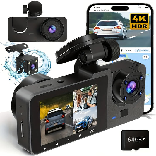 Cámara de salpicadero frontal 4K/1080P integrada de tres canales, frontal y trasera, grabadora de conducción Full HD, cámara para coche con visión nocturna por infrarrojos, grabación en bucle, incluye tarjeta SD de 64 GB