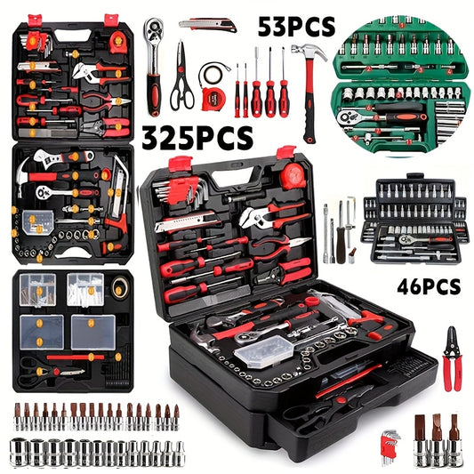 Kit de herramientas automotrices profesionales de 325/53/46 piezas - Juegos de herramientas premium para el mantenimiento de autos, motos y bicicletas - Solución compacta, portátil y todo en uno con llave de trinquete, jueg