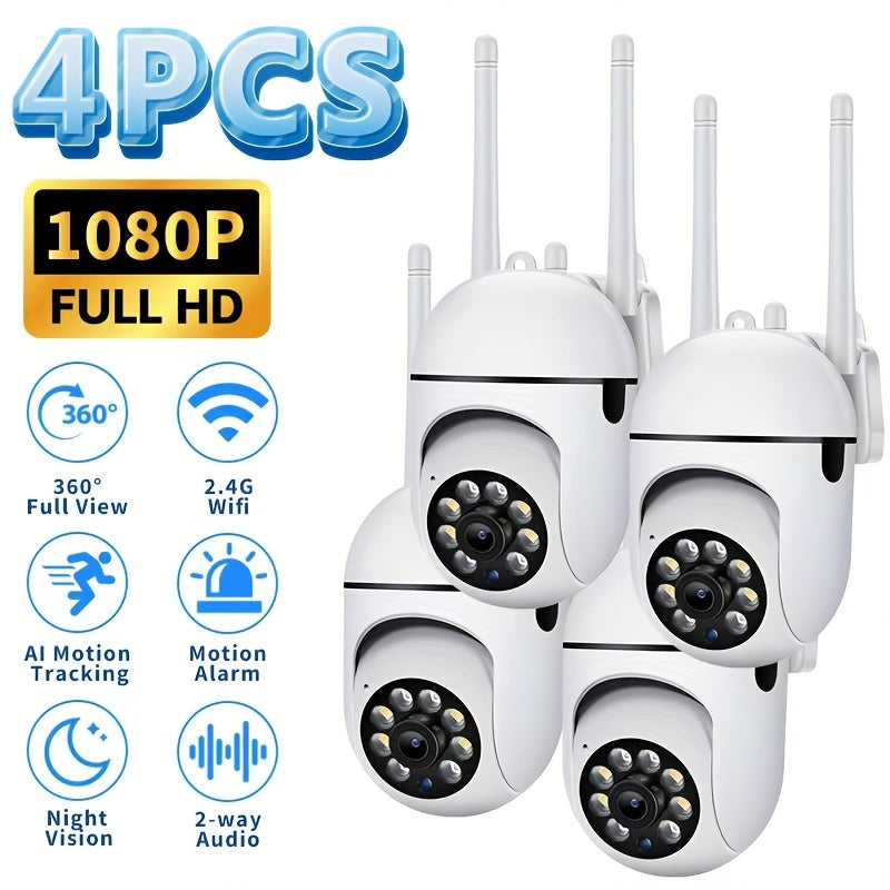 Cámaras de seguridad wifi de 4 piezas, 1080P, inalámbricas, para exteriores, con vista panorámica de 360°, detección de movimiento PIR inteligente, seguimiento de movimiento con IA, visión nocturna a color, audio bidire