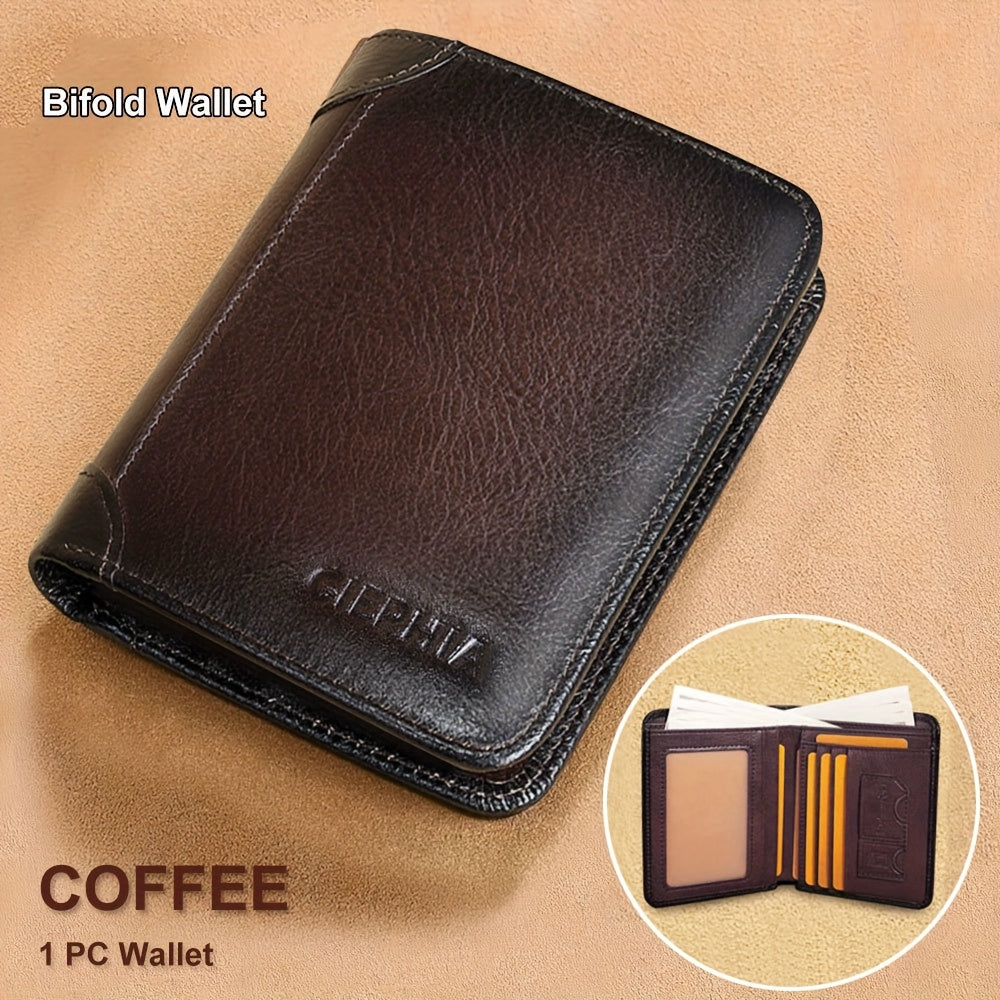 [Cartera de cuero RFID] Regalos para el Día del Padre para hombres, billeteras triples de cuero genuino con bloqueo RFID para hombre, tarjetero multifunción vintage de piel de vacuno de primera capa, pinzas para billetes co