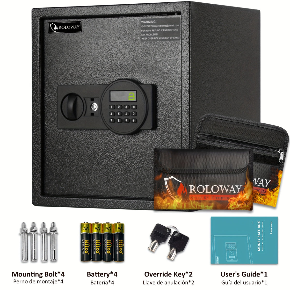 Caja fuerte de acero resistente e ignífuga con bolsa para efectivo - Caja fuerte segura para el hogar con teclado y cerradura, ideal para guardar dinero, documentos y objetos de valor (negra), almacenamiento de objetos de va