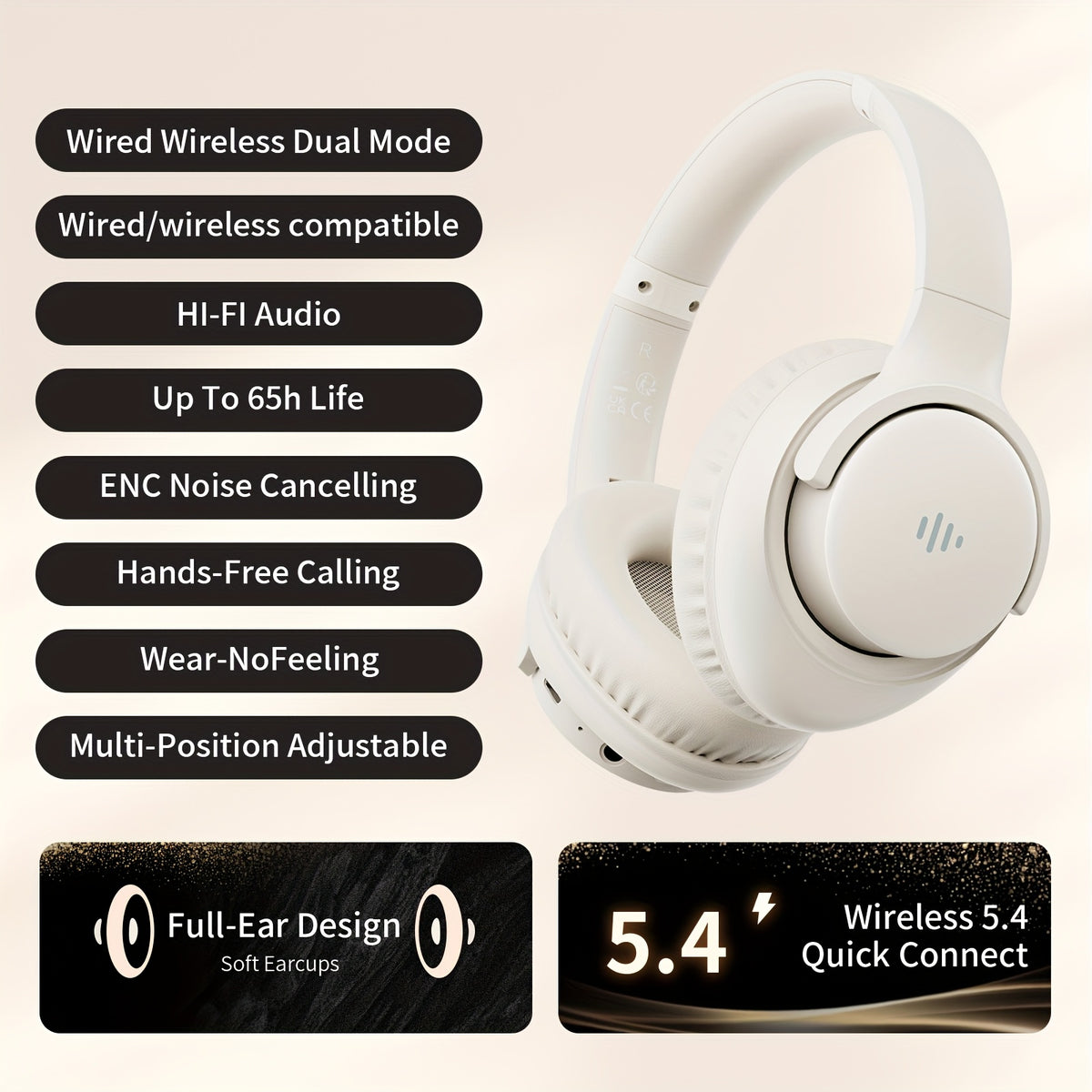 Auriculares supraaurales con micrófono, 65 horas de reproducción, ligeros, plegables y portátiles, con graves estéreo, llamadas manos libres, ideales para juegos, PC y teléfonos móviles, con cancelación de ruido ENC |