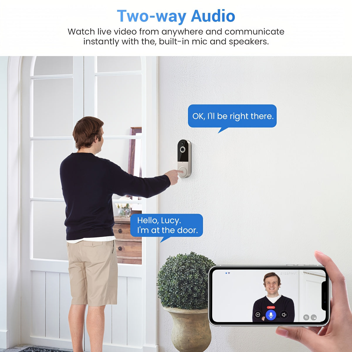 Timbre con cámara y video 1080P, detección corporal inteligente, almacenamiento en la nube, vista en tiempo real, audio bidireccional, visión nocturna por infrarrojos, batería integrada, monitoreo.