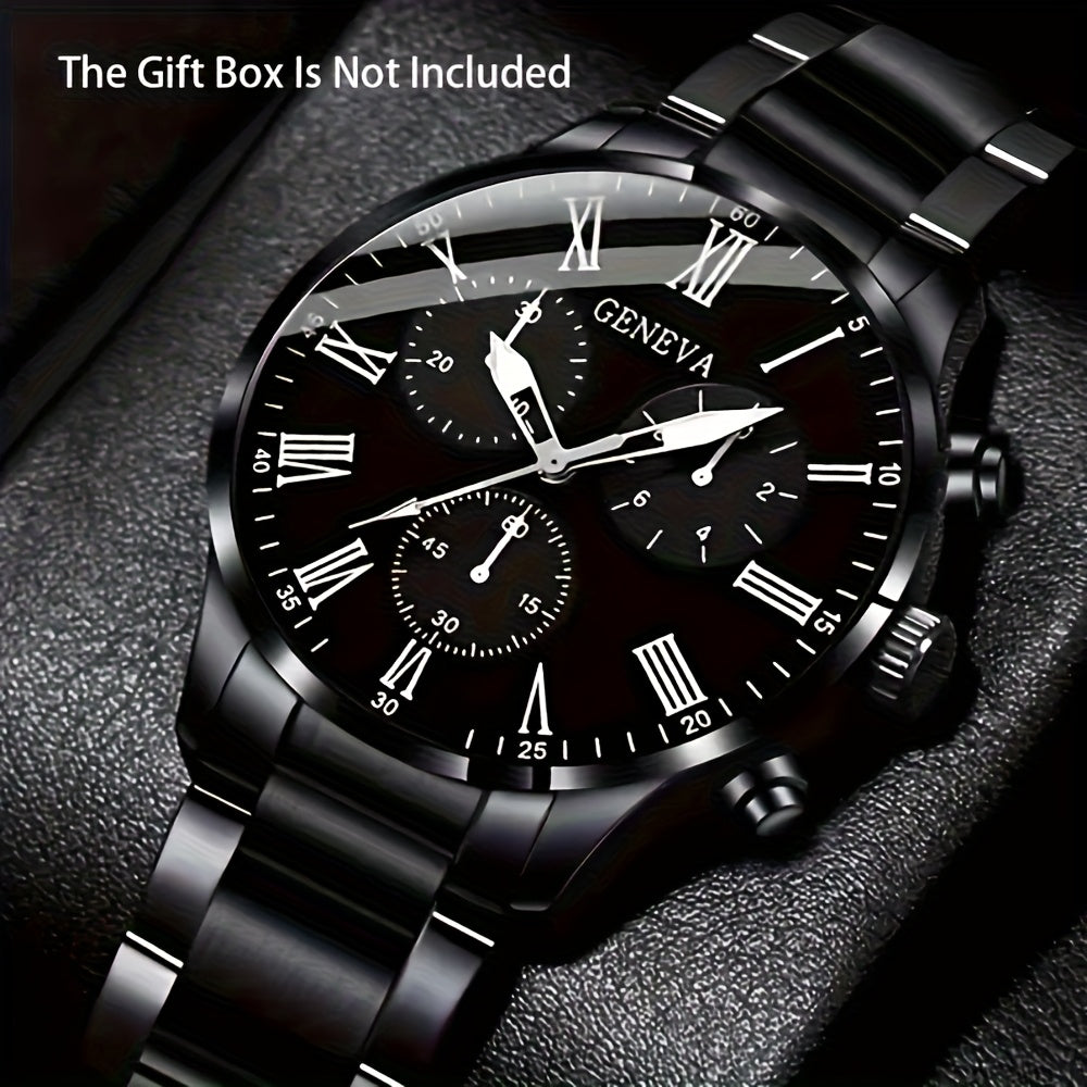 [Conjunto de relojes con estilo] Juego de 4 relojes de cuarzo de moda para hombre: esfera redonda, correas de acero inoxidable y piel sintética, opciones en negro y marrón, ideal para cumpleaños, Eid, Navidad, San Valentí