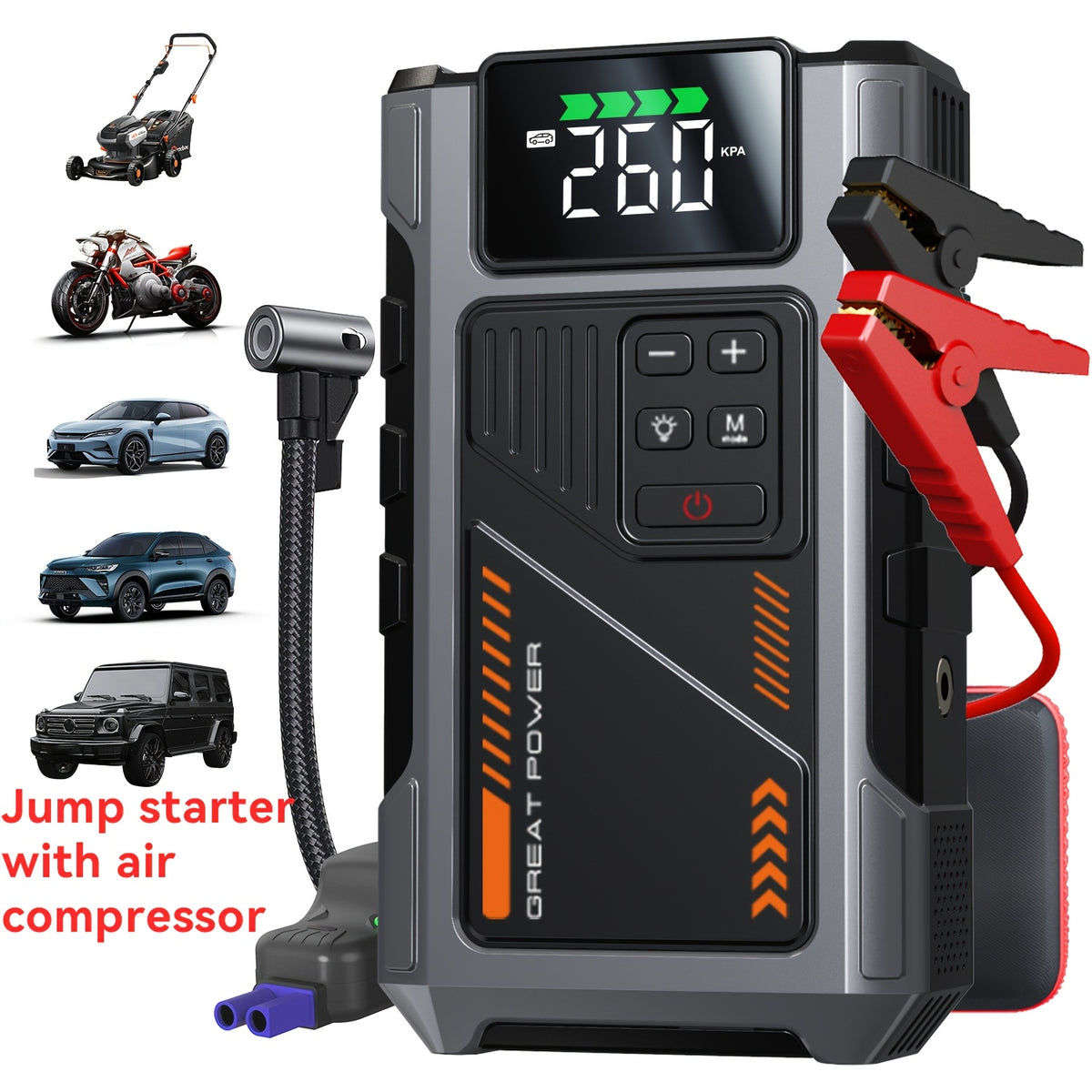 Arrancador de batería portátil inalámbrico de 4000 A con compresor de aire, cargador de batería portátil de 12 V (8,0 L de gas/1,72 galones de diésel), arranque rápido, entrada/salida USB, LED de emergencia, accesorios
