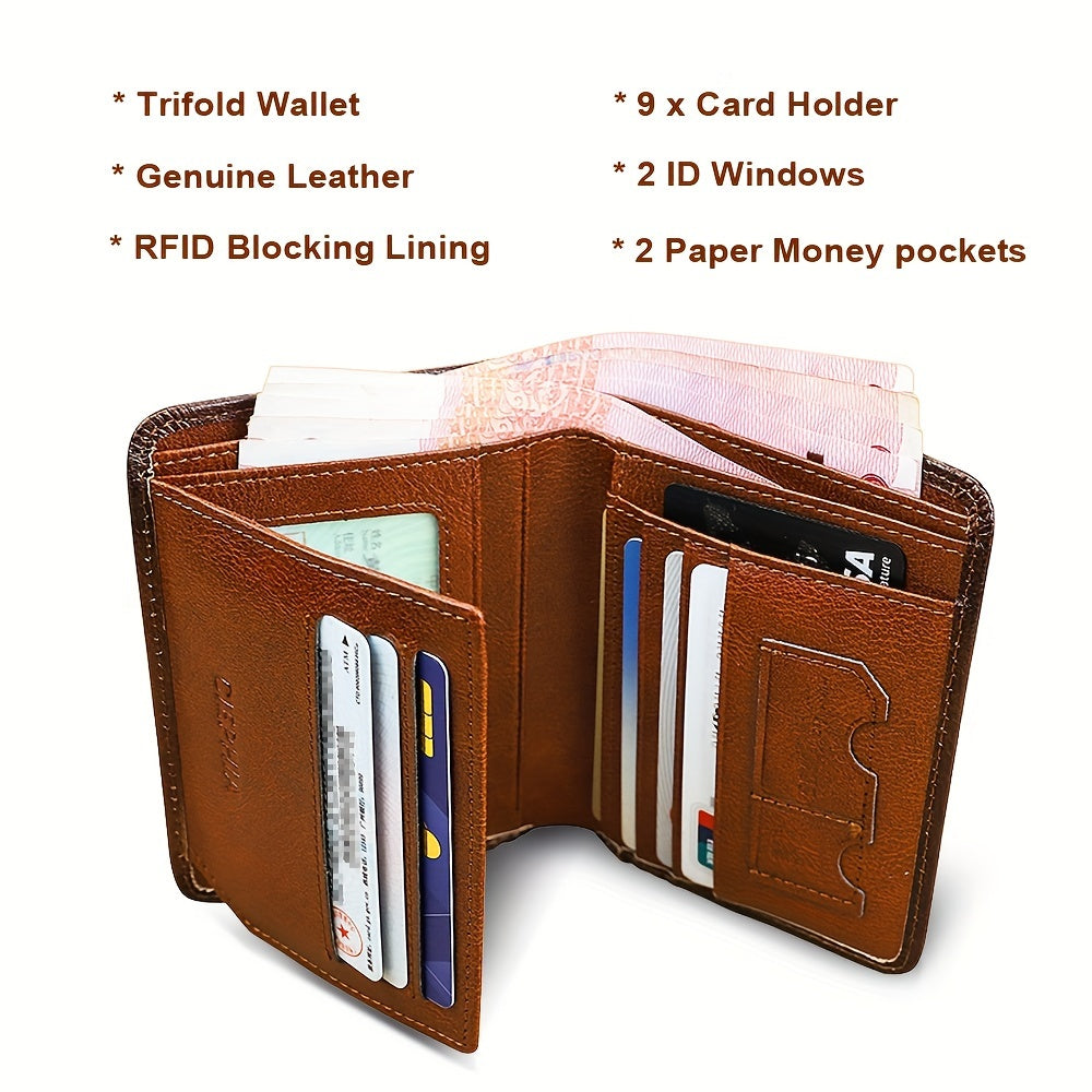[Cartera de cuero RFID] Regalos para el Día del Padre para hombres, billeteras triples de cuero genuino con bloqueo RFID para hombre, tarjetero multifunción vintage de piel de vacuno de primera capa, pinzas para billetes co