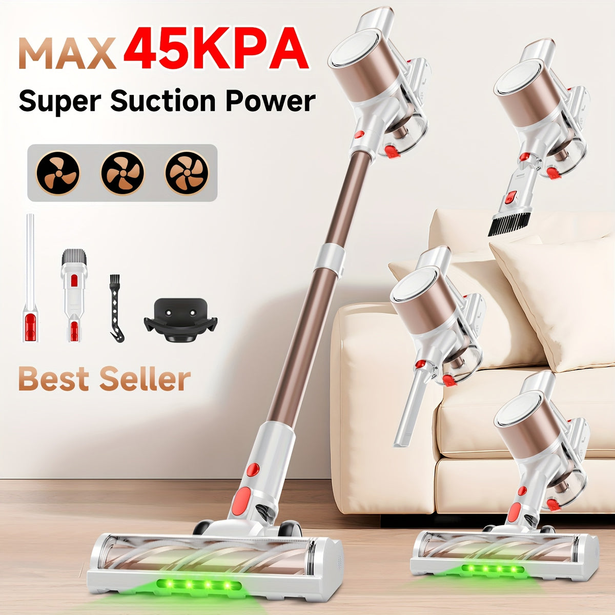 Aspiradora ligera de 35-45 kPa con LED verde mejorado, cepillo antienredos, batería extraíble, múltiples niveles de succión, hasta 45 minutos de autonomía, accesorio para coche de mujer, aspiradora para alfombras, pelo d