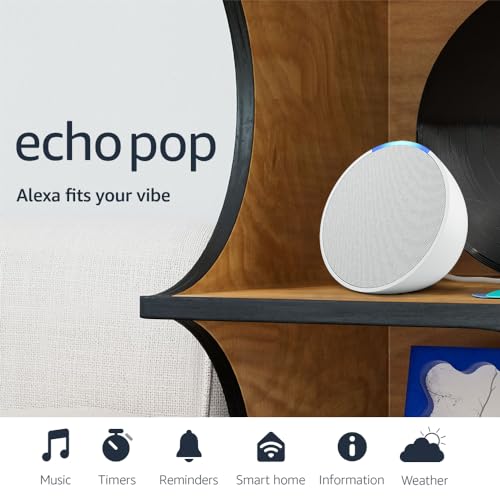 Amazon Echo Pop (modelo más reciente), nuestro altavoz Alexa más pequeño, se adapta a cualquier habitación, blanco glaciar