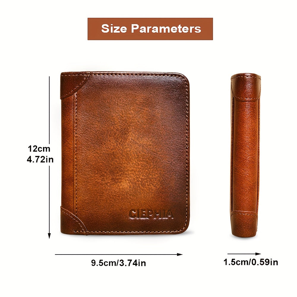 [Cartera de cuero RFID] Regalos para el Día del Padre para hombres, billeteras triples de cuero genuino con bloqueo RFID para hombre, tarjetero multifunción vintage de piel de vacuno de primera capa, pinzas para billetes co