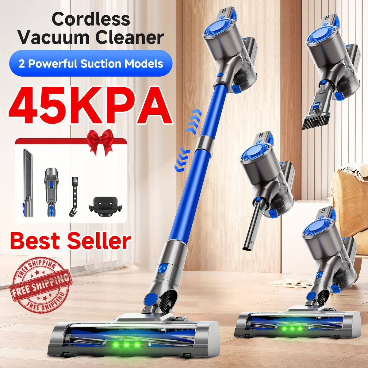 Aspiradora ligera de 35-45 kPa con LED verde mejorado, cepillo antienredos, batería extraíble, múltiples niveles de succión, hasta 45 minutos de autonomía, accesorio para coche de mujer, aspiradora para alfombras, pelo d