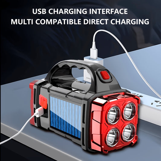 Linterna LED solar recargable de mano de alta potencia para exteriores, ideal para camping, emergencias, caza y trabajo. Incluye protección y carga USB y tipo C.