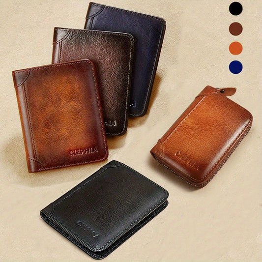 [Cartera de cuero RFID] Regalos para el Día del Padre para hombres, billeteras triples de cuero genuino con bloqueo RFID para hombre, tarjetero multifunción vintage de piel de vacuno de primera capa, pinzas para billetes co