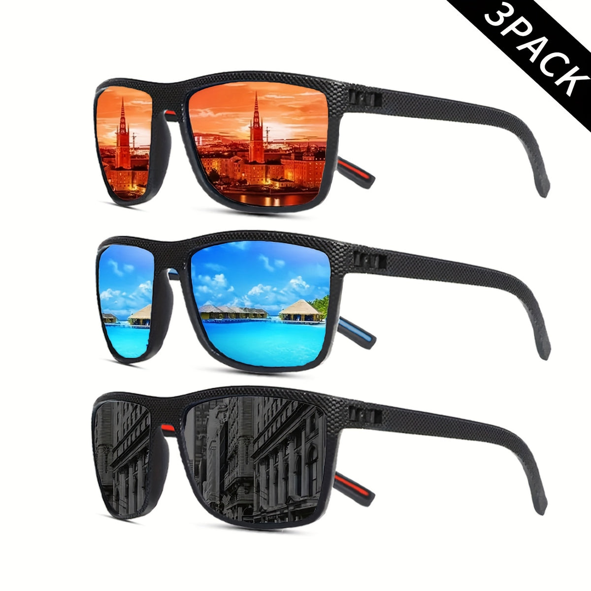 3 pares de gafas polarizadas para hombre y mujer, ligeras, clásicas, cuadradas, deportivas, resistentes a los rayos UV, ideales para ciclismo, conducción, running y pesca.