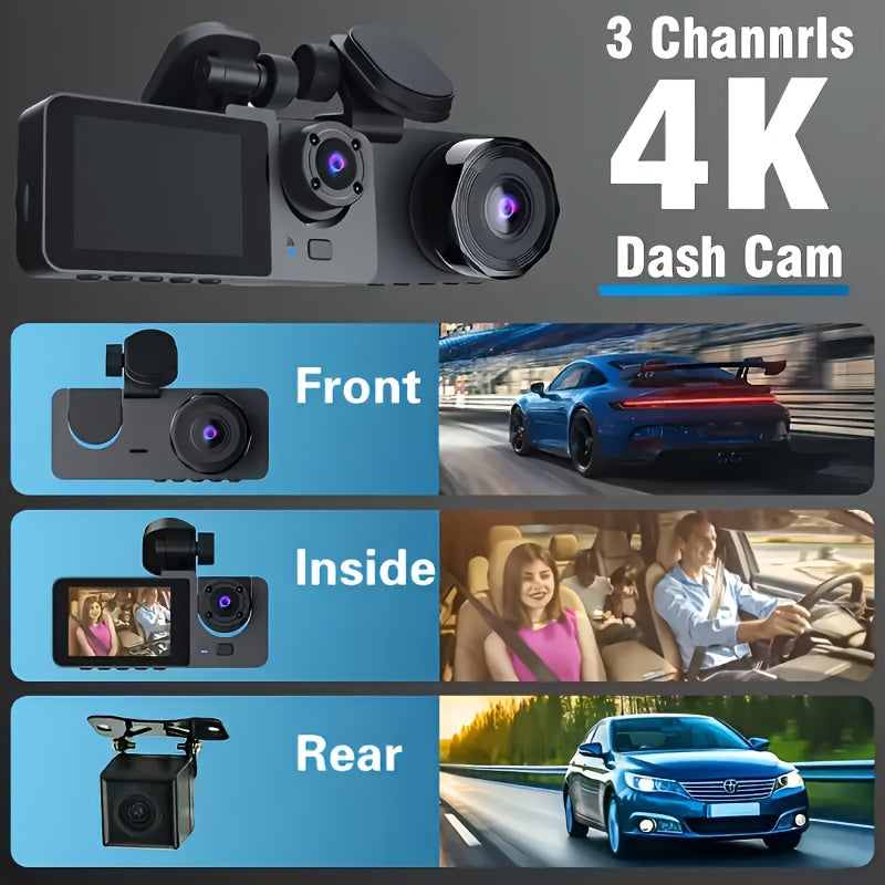 Cámara de salpicadero frontal 4K/1080P integrada de tres canales, frontal y trasera, grabadora de conducción Full HD, cámara para coche con visión nocturna por infrarrojos, grabación en bucle, incluye tarjeta SD de 64 GB