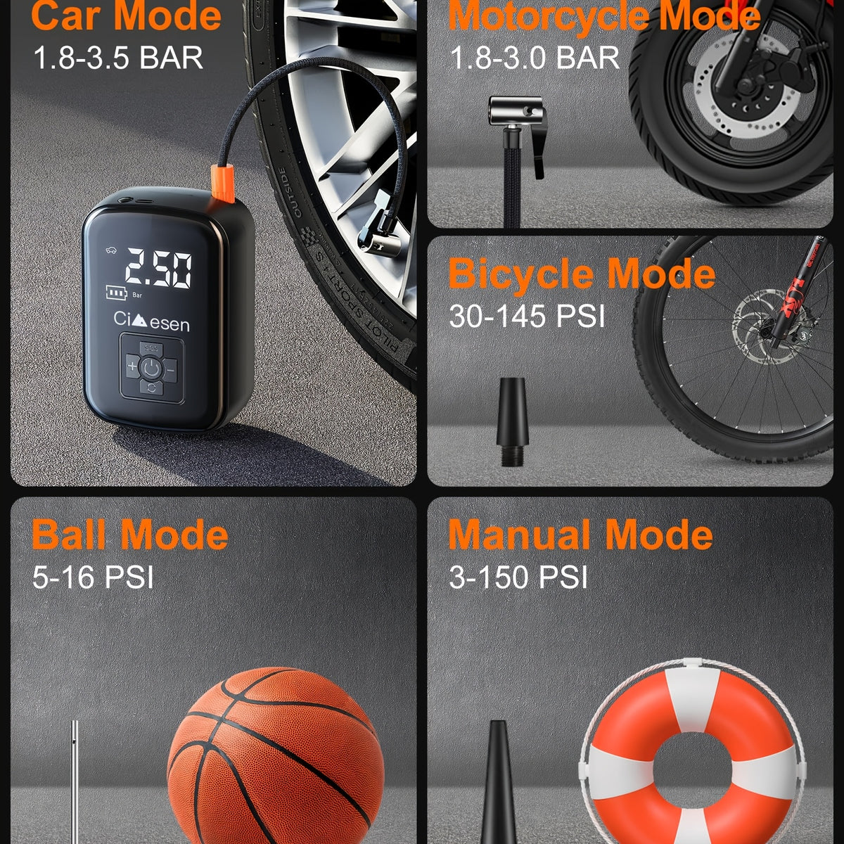 Inflador de neumáticos portátil con pantalla digital, compresor de aire inalámbrico rápido, recargable por USB, adaptador de boquilla multifunción, batería de litio de larga duración para neumáticos y balones de coche