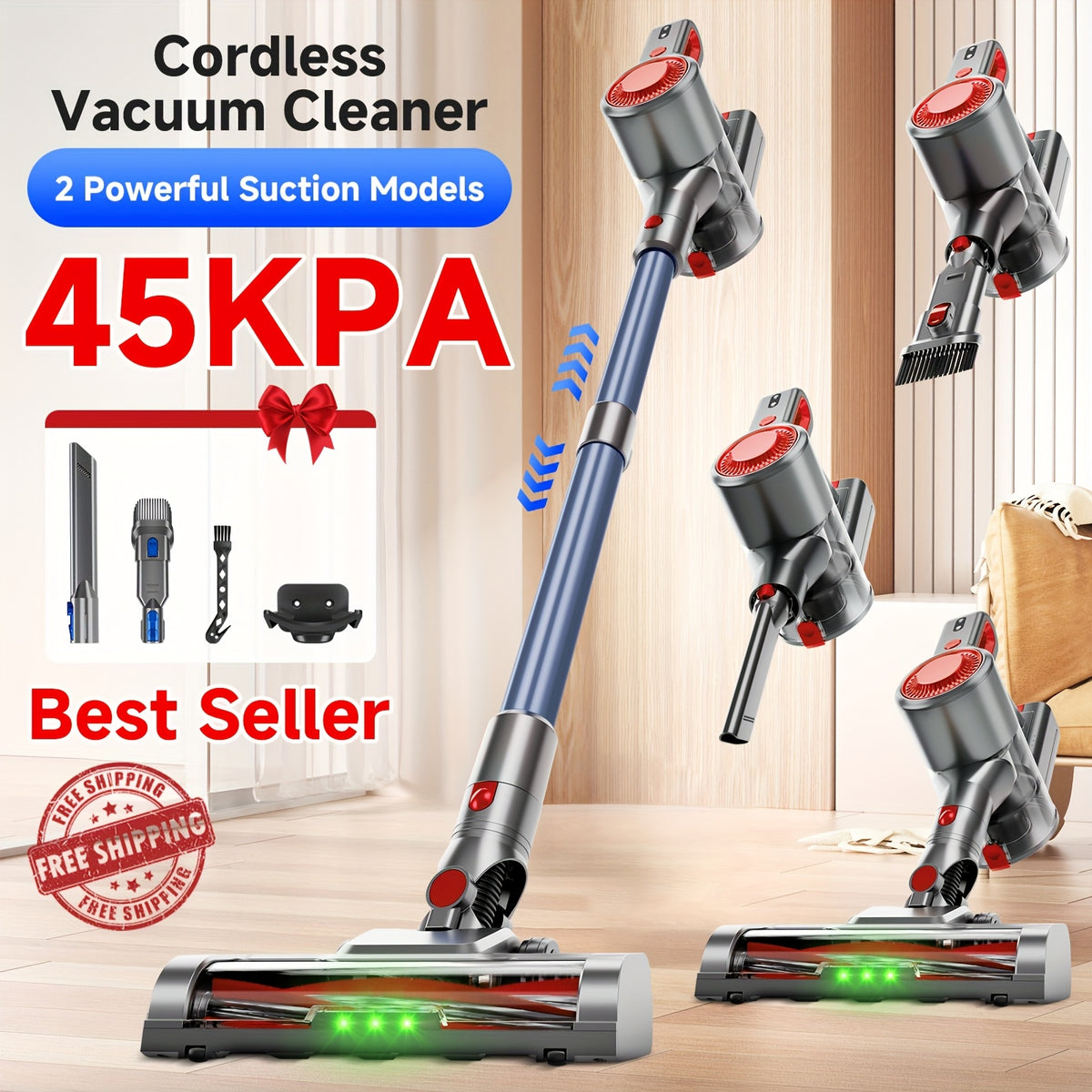 Aspiradora ligera de 35-45 kPa con LED verde mejorado, cepillo antienredos, batería extraíble, múltiples niveles de succión, hasta 45 minutos de autonomía, accesorio para coche de mujer, aspiradora para alfombras, pelo d