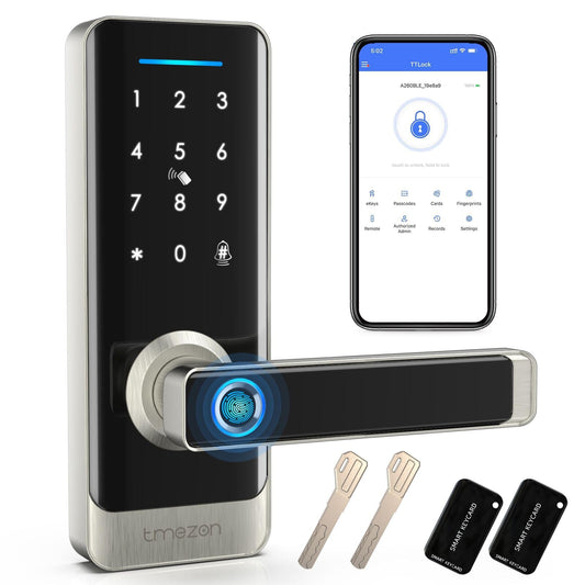 Cerradura inteligente TMEZON, cerradura inteligente con huella dactilar para puerta principal, cerradura de entrada sin llave, cerradura con teclado y manija, cerradura electrónica para puerta resistente a la intemperie IP66, seguridad para el hogar