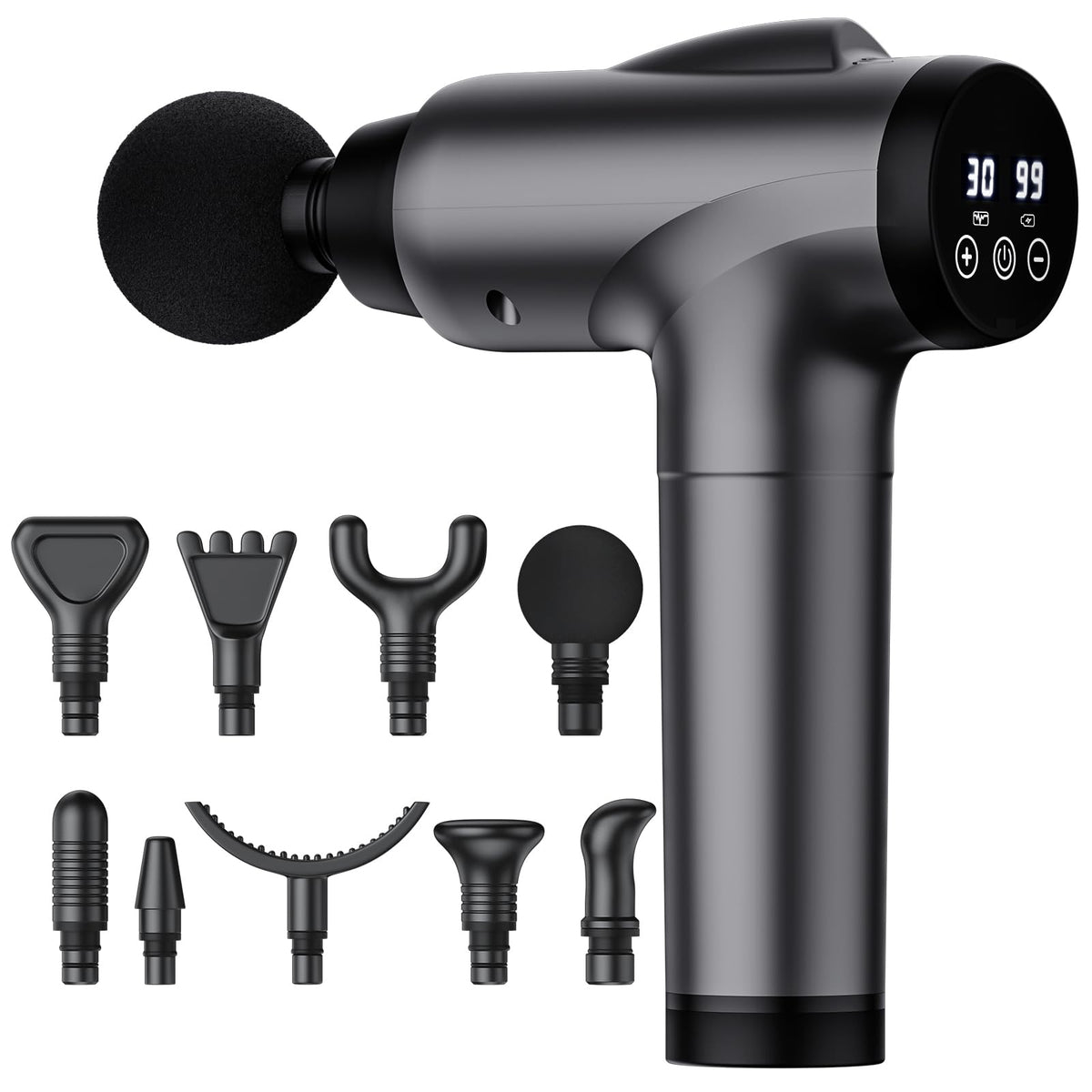 Pistola de masaje OLsky para tejido profundo, masajeador muscular eléctrico portátil, dispositivo de masaje de percusión de alta intensidad para aliviar el dolor con 9 accesorios y 30 velocidades (Gris)