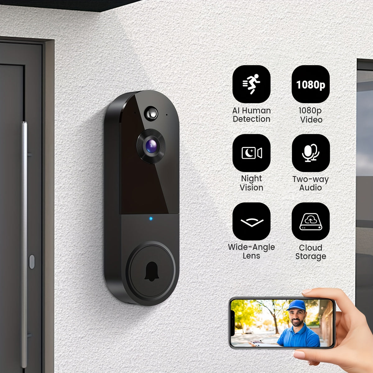 Timbre con cámara y video 1080P, detección corporal inteligente, almacenamiento en la nube, vista en tiempo real, audio bidireccional, visión nocturna por infrarrojos, batería integrada, monitoreo.