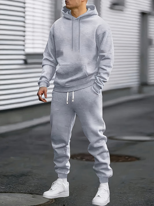 Conjunto deportivo informal para hombre: sudadera con capucha y pantalón de chándal, poliéster con cintura elástica y mangas enrolladas, color liso, ideal para correr al aire libre y entrenar en el gimnasio. Transpirable,