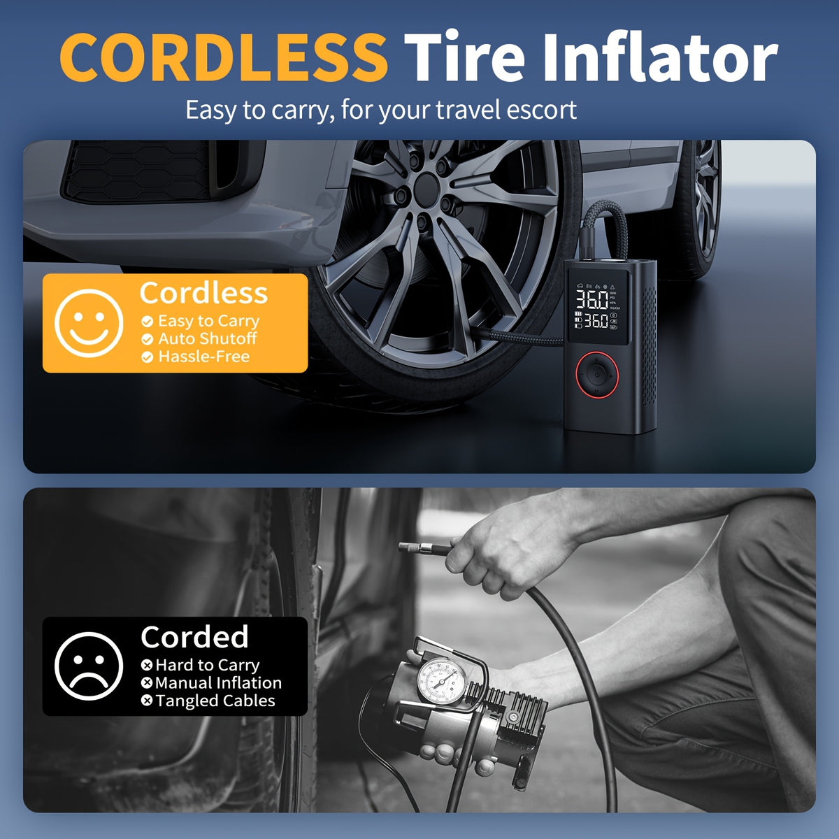 Inflador de neumáticos inalámbrico: compresor de aire inalámbrico con indicador digital y luz LED, recargable por USB, inflado dos veces más rápido para SUV, coches, bicicletas, motocicletas, equipos deportivos y balones