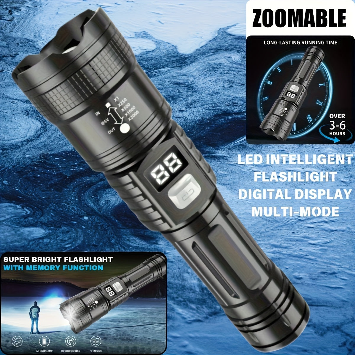 4 linternas LED recargables de alta potencia con foco con zoom y cable USB. Superbrillantes, de largo alcance, luz de trabajo táctica para camping, senderismo, emergencias y viajes. Equipo de senderismo. Linterna robusta. Li