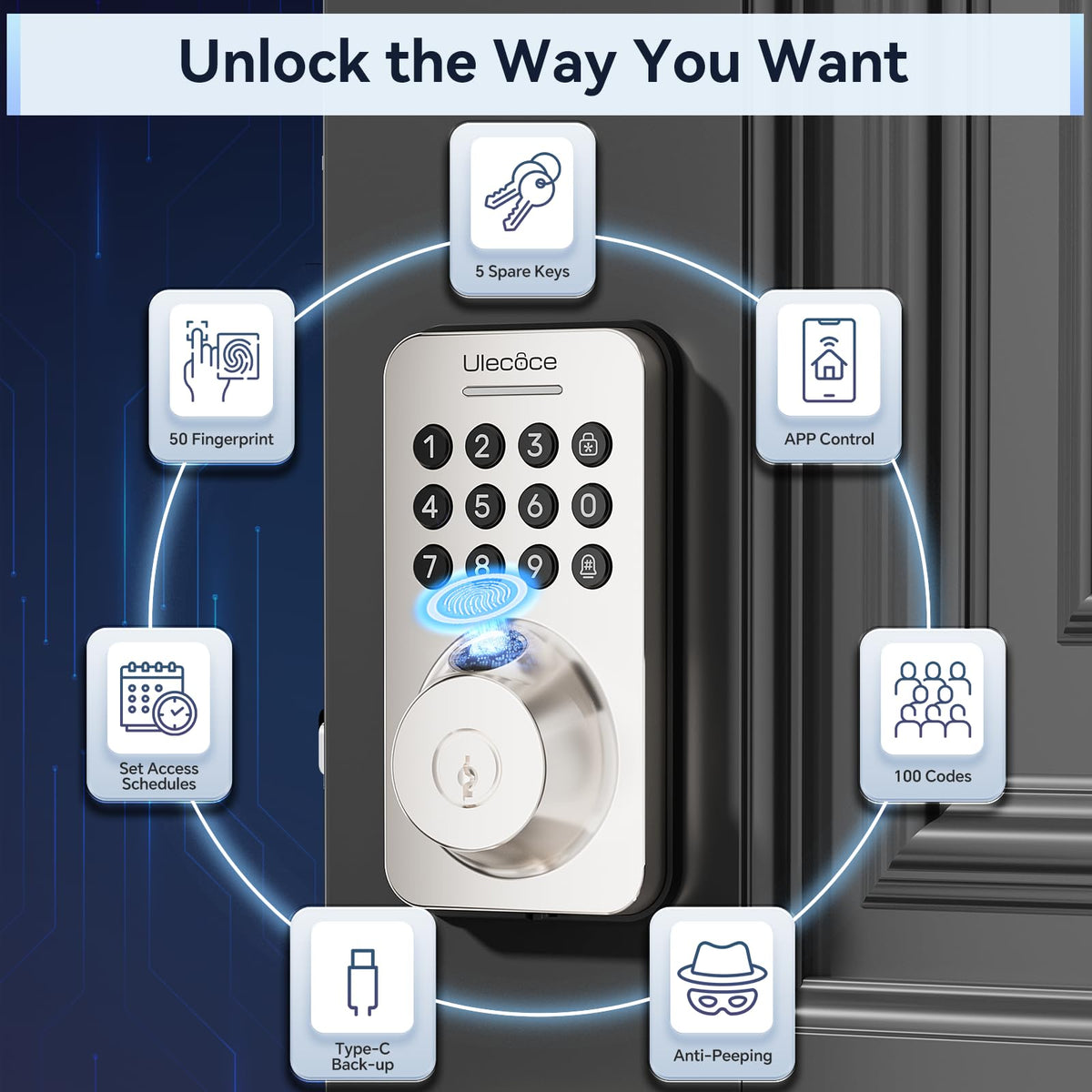 Cerradura de seguridad Ulecoce con teclado y manija, entrada sin llave, control por aplicación, cierre automático, fácil instalación, níquel satinado