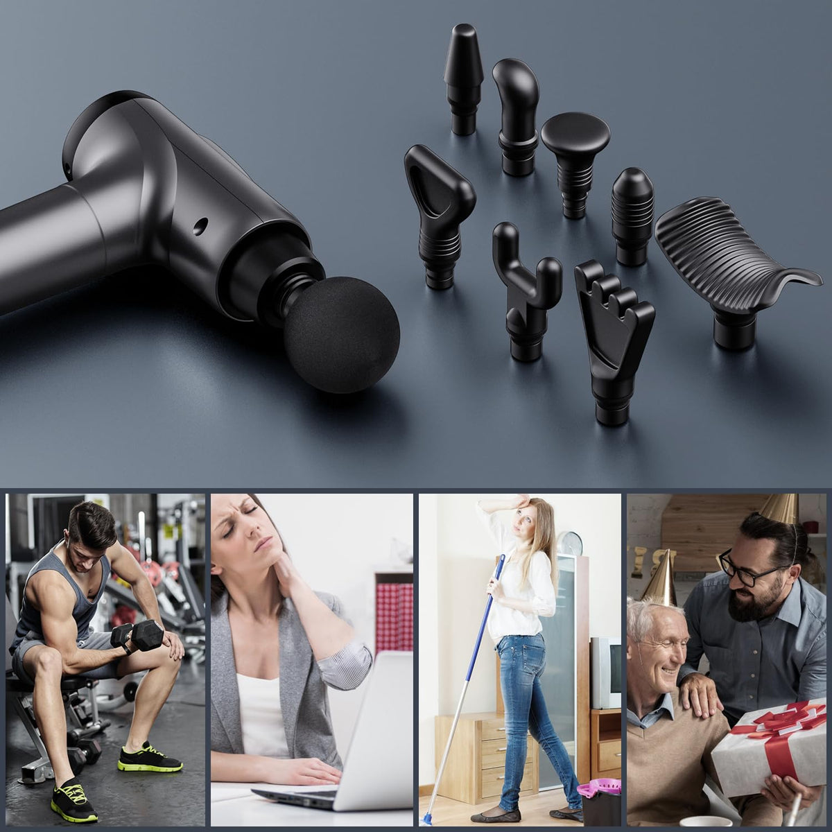 Pistola de masaje OLsky para tejido profundo, masajeador muscular eléctrico portátil, dispositivo de masaje de percusión de alta intensidad para aliviar el dolor con 9 accesorios y 30 velocidades (Gris)