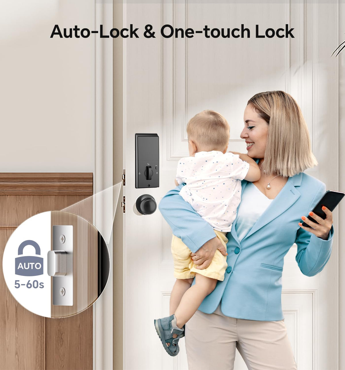 Cerradura de seguridad Ulecoce con teclado y manija, entrada sin llave, control por aplicación, cierre automático, fácil instalación, níquel satinado