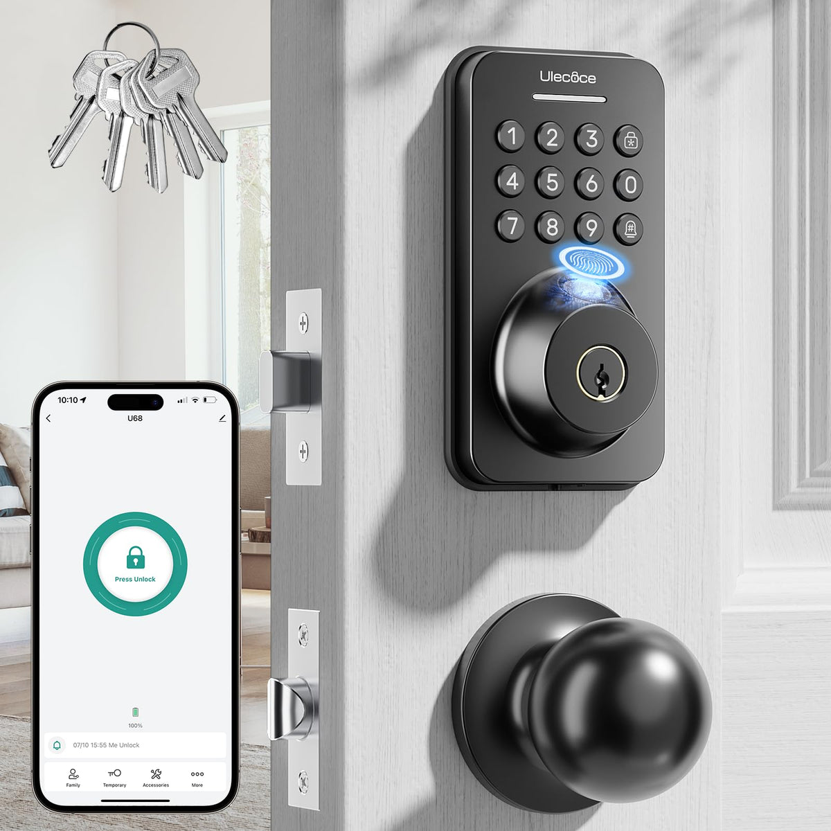 Cerradura de seguridad Ulecoce con teclado y manija, entrada sin llave, control por aplicación, cierre automático, fácil instalación, negro mate