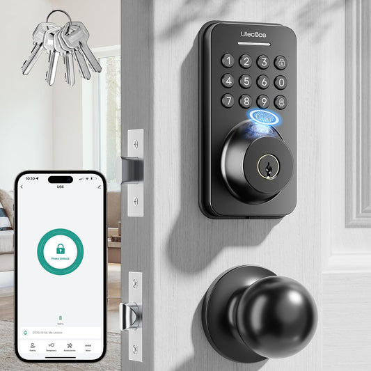 Cerradura de seguridad Ulecoce con teclado y manija, entrada sin llave, control por aplicación, cierre automático, fácil instalación, negro mate