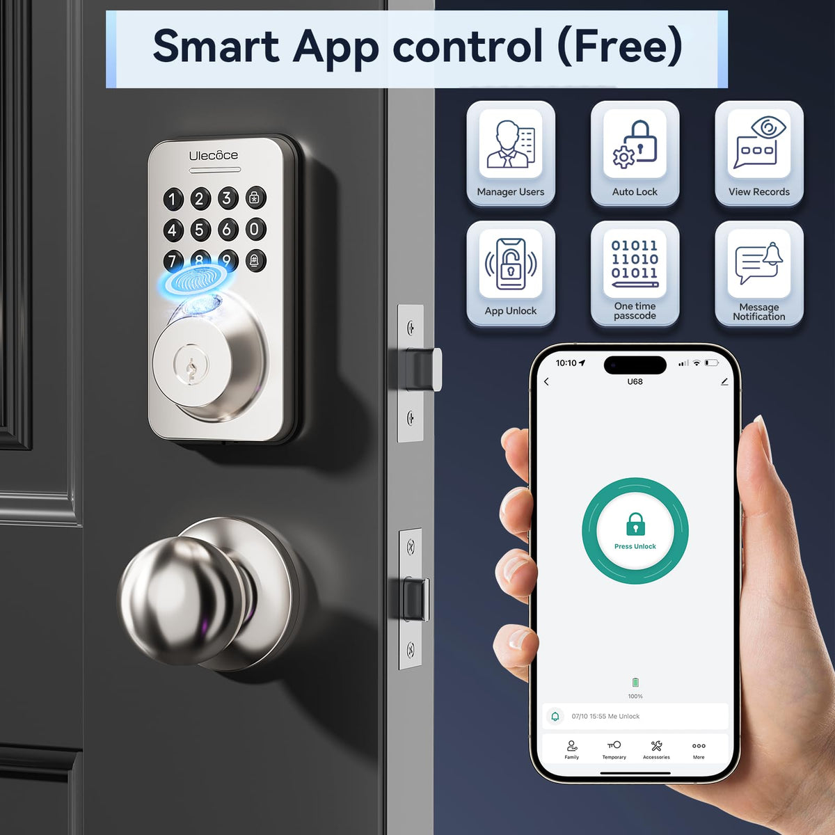 Cerradura de seguridad Ulecoce con teclado y manija, entrada sin llave, control por aplicación, cierre automático, fácil instalación, níquel satinado